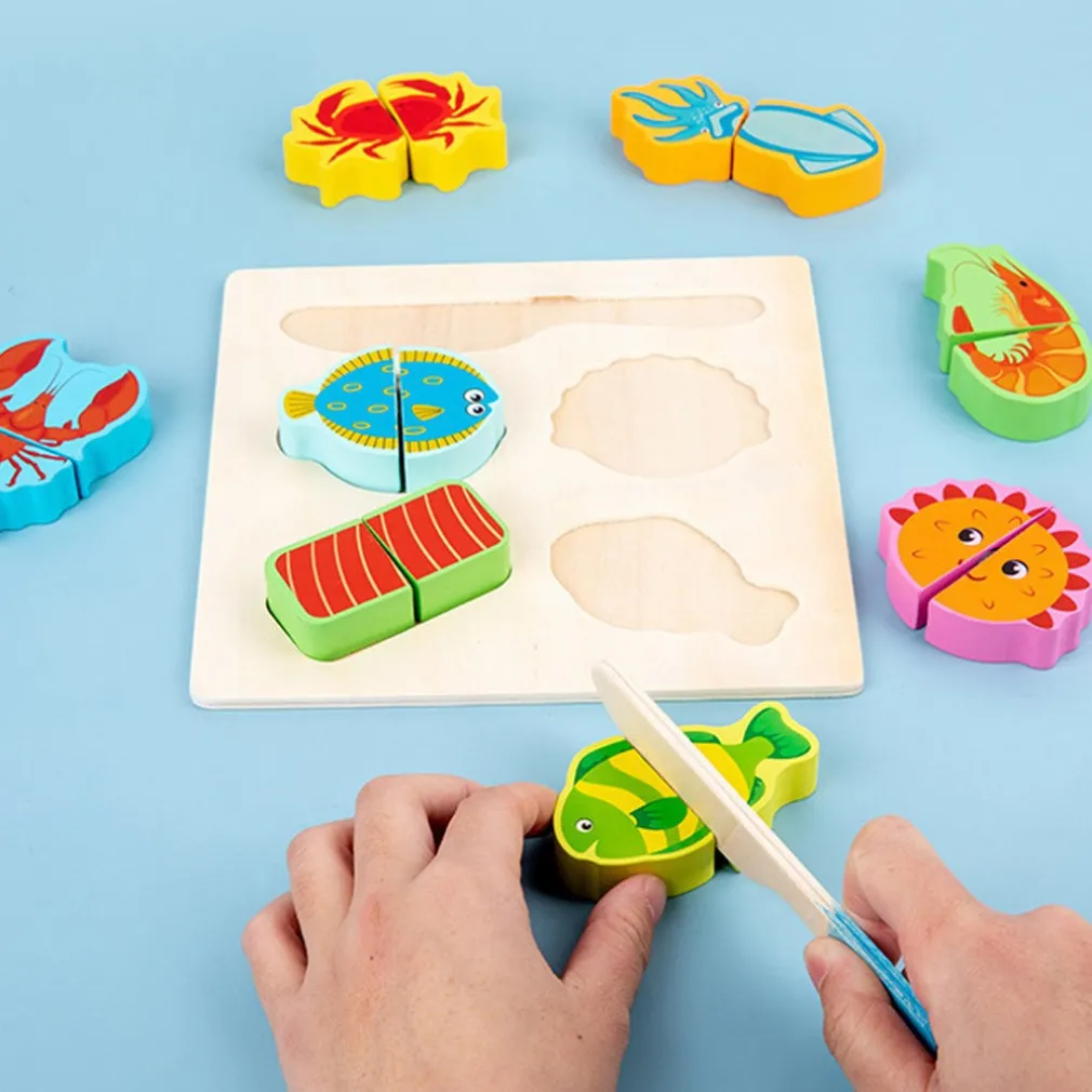 PUZZLE 3D BLOCCHI LEGNO EDUCATIVO COLORATO GIOCO BAMBINI VERDURE FRUTTI MARE