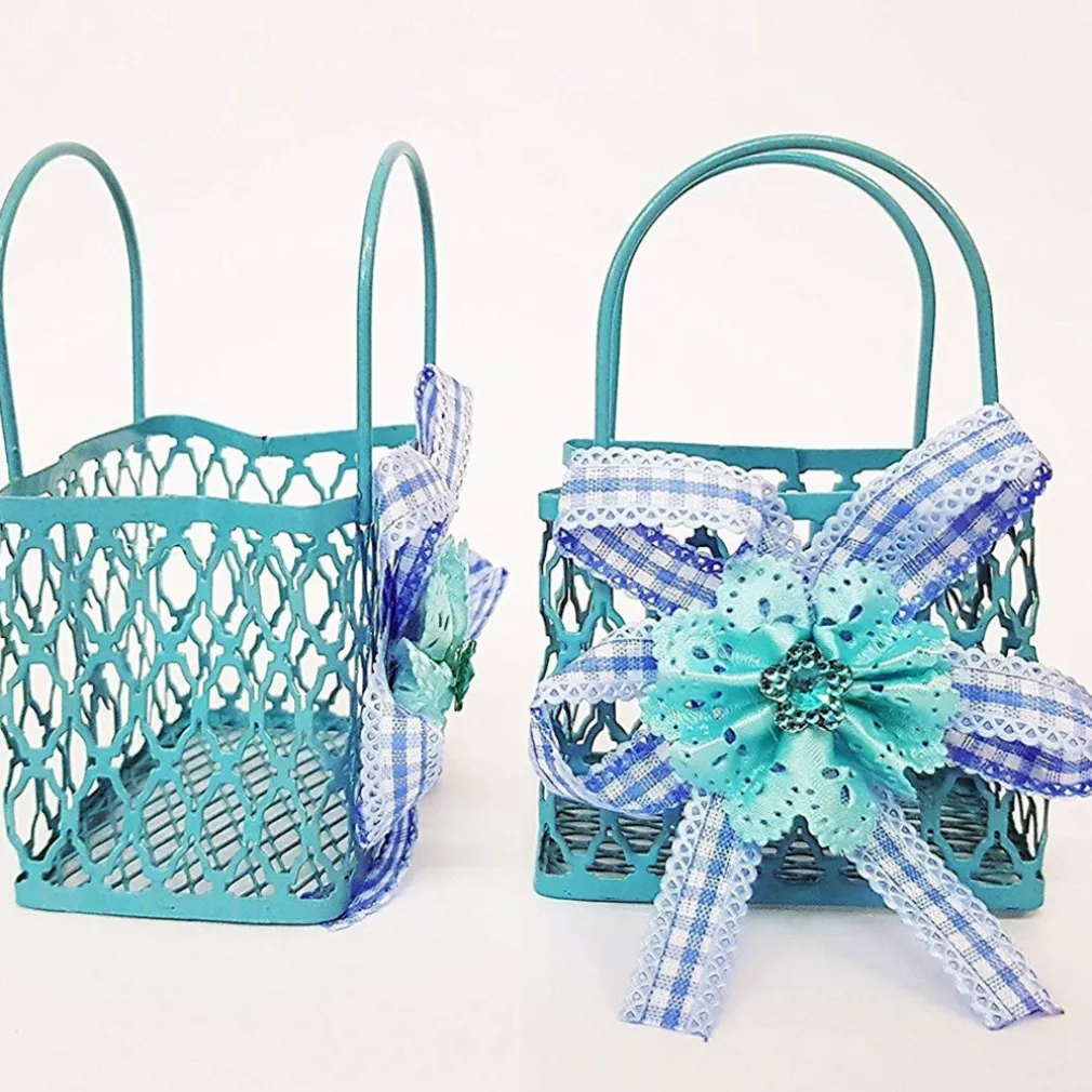 12PZ BOMBONIERA SACCHETTO SHOPPERS METALLO AZZURRO PORTACONFETTI NASCITA COMUNIONE