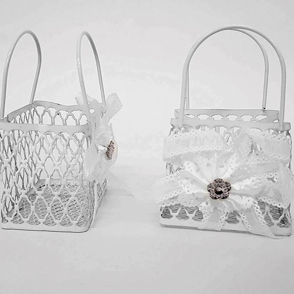 12PZ BOMBONIERA SACCHETTO SHOPPERS METALLO BIANCO PORTACONFETTI MATRIMONI PROMESSA