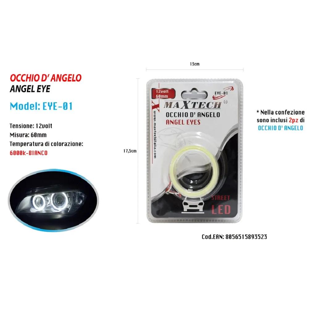 2PZ LUCI LED PER AUTO FARI LAMPADINE 60MM OCCHIO D'ANGELO 12 VOLT MAXTECH EYE-01