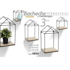 3PZ MENSOLE PARETE CASA BACHECA MENSOLA LEGNO SOSPESA METALLO NERO H20/32/40CM 751653