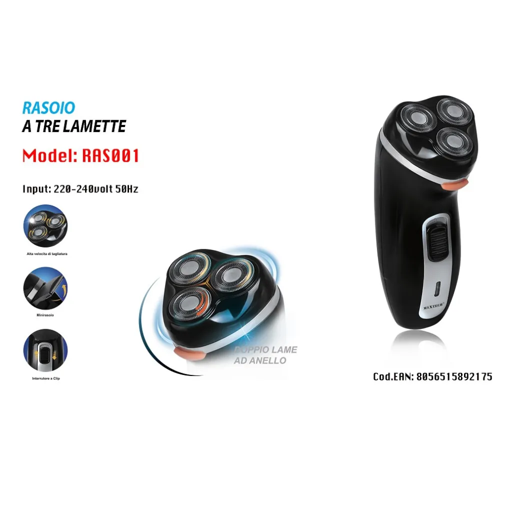 RASOIO A 3 LAMETTE BARBA TAGLIACAPELLI ELETTRICO UOMO VELOCITÀ TAGLIO RAS001