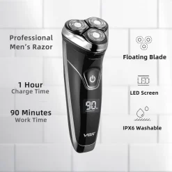 RASOIO A TRIPLE TESTINE ROTANTI TRIMMER BARBA CORDLESS IMPERMEABILE DISPLAY V318