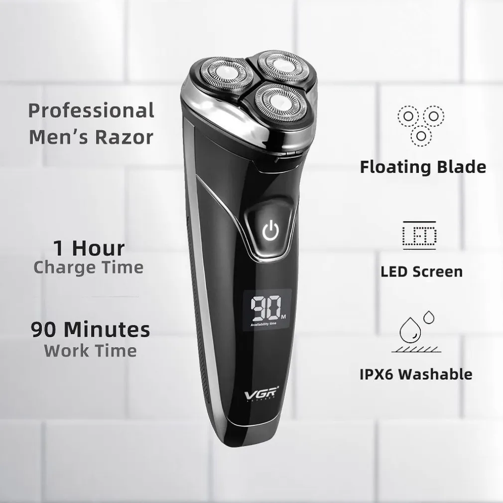 RASOIO A TRIPLE TESTINE ROTANTI TRIMMER BARBA CORDLESS IMPERMEABILE DISPLAY V318