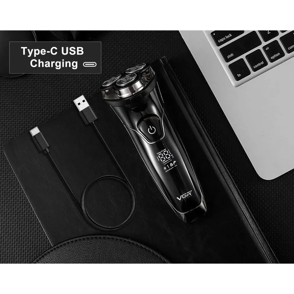 RASOIO A TRIPLE TESTINE ROTANTI TRIMMER BARBA CORDLESS IMPERMEABILE DISPLAY V318