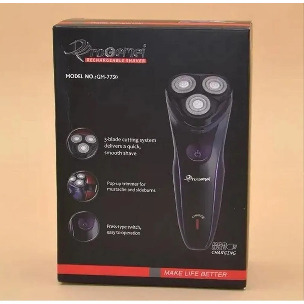 RASOIO ELETTRICO 3 TESTE ROTATIVO A BATTERIA RICARICABILE SENZA FILI UOMO GM-7730