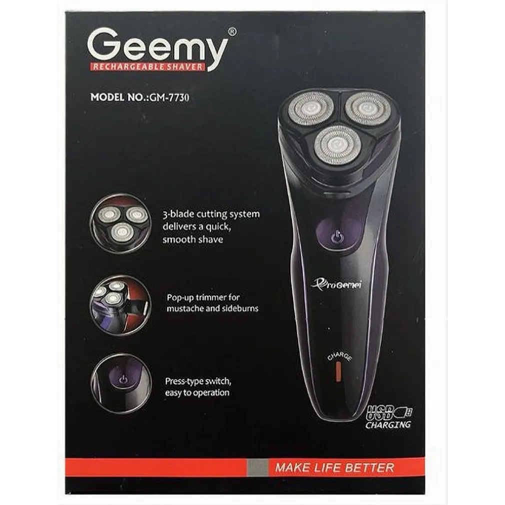 RASOIO ELETTRICO 3 TESTE ROTATIVO A BATTERIA RICARICABILE SENZA FILI UOMO GM-7730