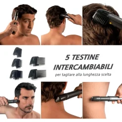 RASOIO PROFESSIONALE ELETTRICO TRIM-MAX SENZA FILI LUCE LED KIT 5 TESTINE BARBA CAPELLI