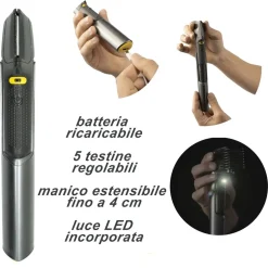 RASOIO PROFESSIONALE ELETTRICO TRIM-MAX SENZA FILI LUCE LED KIT 5 TESTINE BARBA CAPELLI