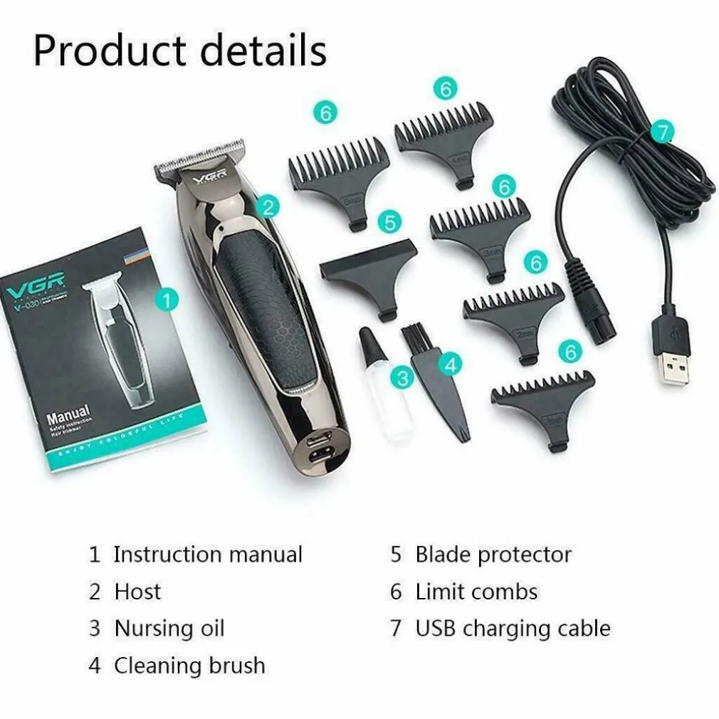 RASOIO TAGLIA CAPELLI ELETTRICO REGOLA BARBA RICARICABILE USB 5 PETTINI V-030