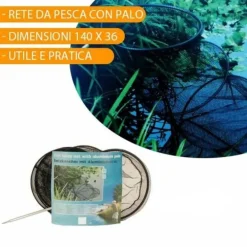 RETE DA PESCA CON PALO ALLUMINIO PESCI GAMBERI 36X140 CM KIT MARE LAGO FIUME