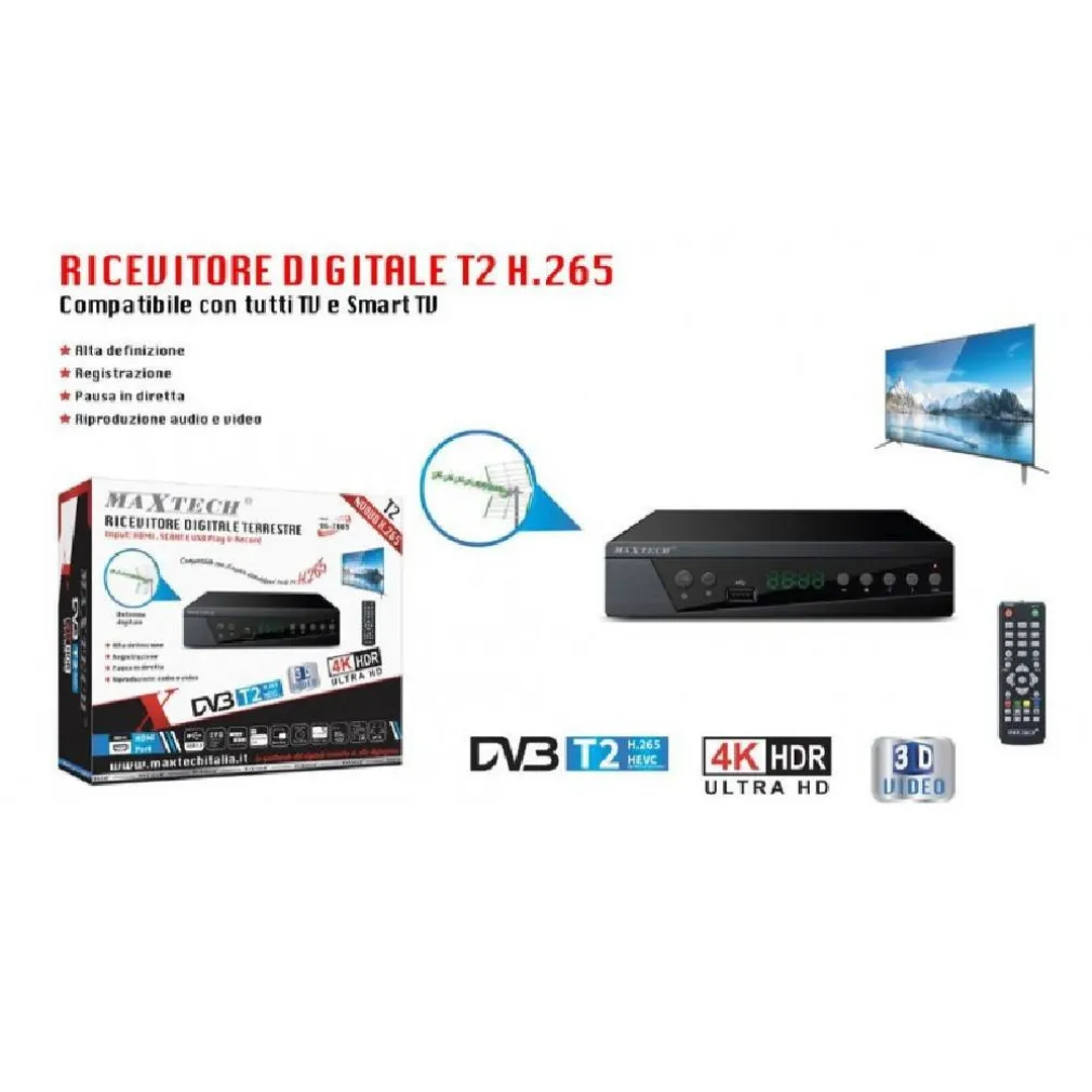 RICEVITORE DIGITALE TERRESTRE T2 H.265 DECODER TV SMART TV DG-T003 TELECOMANDO