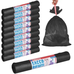 ROTOLI SACCHETTI BUSTE PER SPAZZATURA 115LT 72X105CM CHIUSURA CON LACCETTO NERO