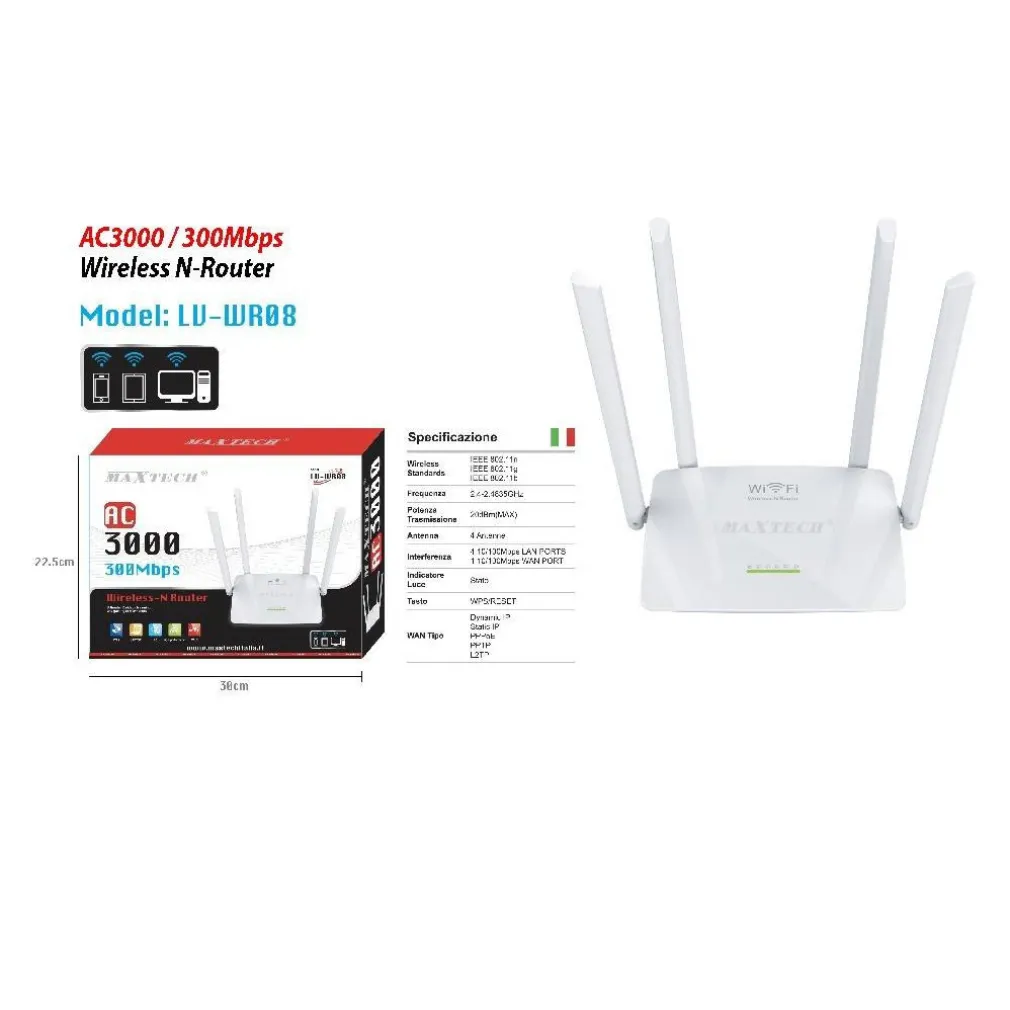 ROUTER WIFI RIPETITORE DI RETE 300MBPS AMPLIFICATORE DI SEGNALE MAXTECH LV-WR08