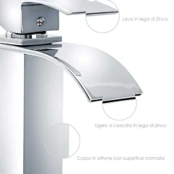 RUBINETTO ALTO DA BAGNO DESIGN MODERNO A CASCATA MISCELATORE MONOCOMANDO CROMATO