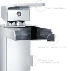 RUBINETTO BAGNO DESIGN MODERNO A CASCATA MISCELATORE MONOCOMANDO OTTONE CROMATO