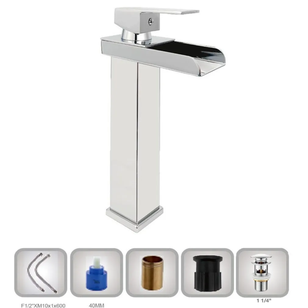 RUBINETTO BAGNO DESIGN MODERNO A CASCATA MISCELATORE MONOCOMANDO ALTO CROMATO