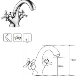 RUBINETTO BICOMANDO PER LAVABO APPOGGIO BAGNO COMANDO CROCE VITE ACCIAIO CROMATO