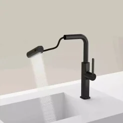 RUBINETTO CUCINA ESTRAIBILE CON EROGATORE GIREVOLE 2 GETTI MISCELATORE NERO 87256