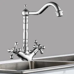 RUBINETTO CUCINA LAVABO DOPPIO COMANDO MONOFORO OTTONE CROMATO LUCIDO MISCELATORE