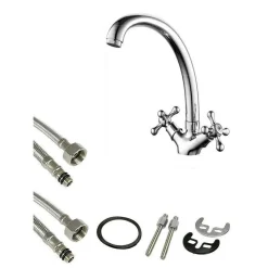 RUBINETTO CUCINA LAVABO MONOFORO OTTONE CROMATO LUCIDO MISCELATORE DOPPIO COMANDO