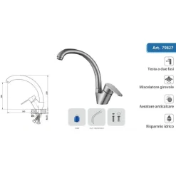 RUBINETTO CUCINA LAVELLO MONOFORO MISCELATORE ORIENTABILE CROMATO SATINATO 79827