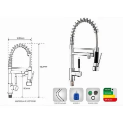 RUBINETTO LAVELLO CUCINA A 2 VIE ORIENTABILE CON DOCCETTA IN OTTONE CROMATO 59286