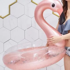 SALVAGENTE GONFIABILE FENICOTTERO ROSA GLITTERATO CIAMBELLA MARE DIAMETRO 90 CM