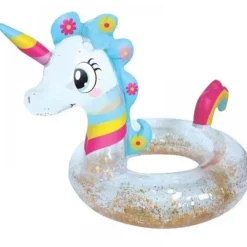 SALVAGENTE UNICORNO BIANCO ARCOBALENO CIAMBELLA GLITTERATO MARE DIAMETRO 90 CM