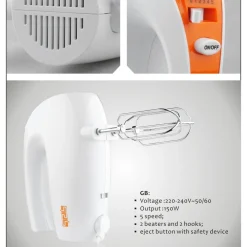 SBATTITORE ELETTRICO 5 VELOCITà CON ACCESSORI IN ACCIAIO INOX 150W BIANCO