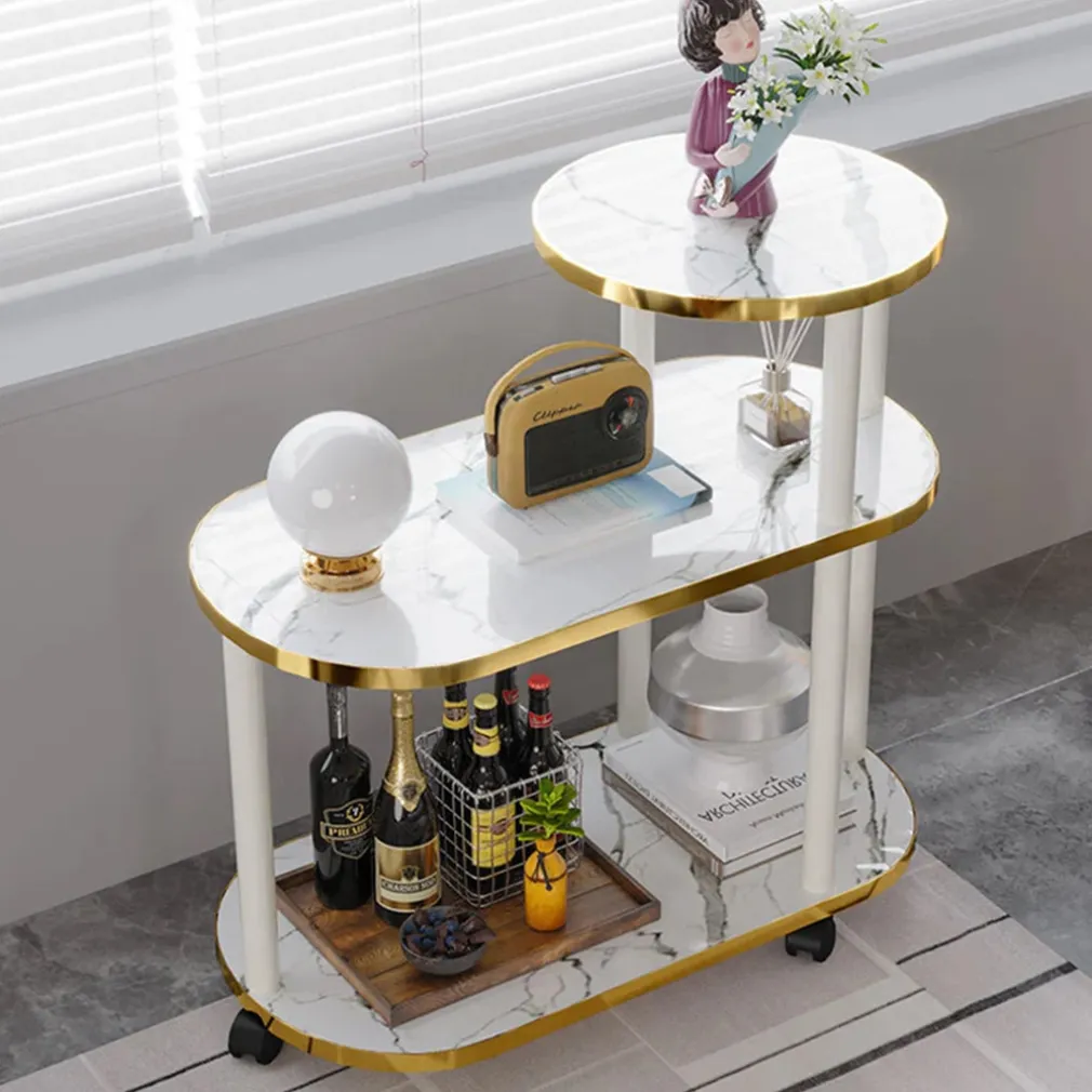 SCAFFALE MULTISTRATO IN LEGNO A 3 LIVELLI TAVOLINO IN MARMO CON RUOTE PER CAMERA SOGGIORNO