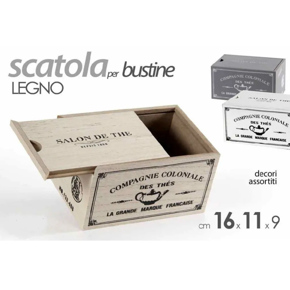 SCATOLA PORTA OGGETTI BUSTINE THE TÈ CIALDE CAFFÈ 16X11X9 CM LEGNO DECORI 738661