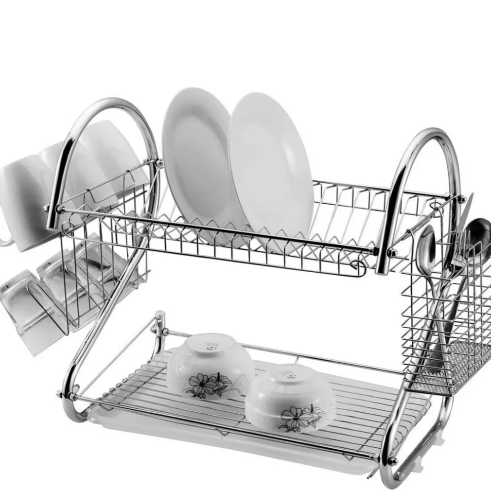 SCOLAPIATTI 2 RIPIANI IN METALLO CROMATO CON VASSOIO SALVAGOCCIA E PORTAPOSATE