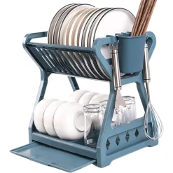 SCOLAPIATTI A 2 RIPIANI DOPPIO SCARICO CON VASSOIO RACCOGLIGOCCE RIMOVIBILE PORTAUTENSILI