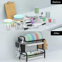 SCOLAPIATTI APPOGGIO LAVELLO ACCIAIO A DOPPIO STRATO VASSOI SCAFFALE PORTAPOSATE