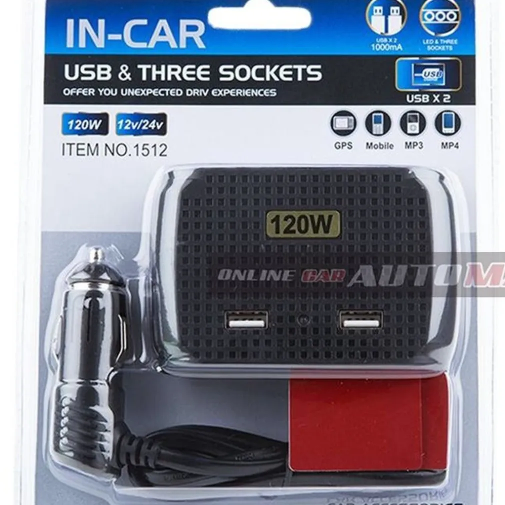 SDOPPIATORE ADATTATORE 3 ACCENDISIGARI TRIPLO + 2 USB 120W AUTO CAMPER BARCA MULTICARICATORE