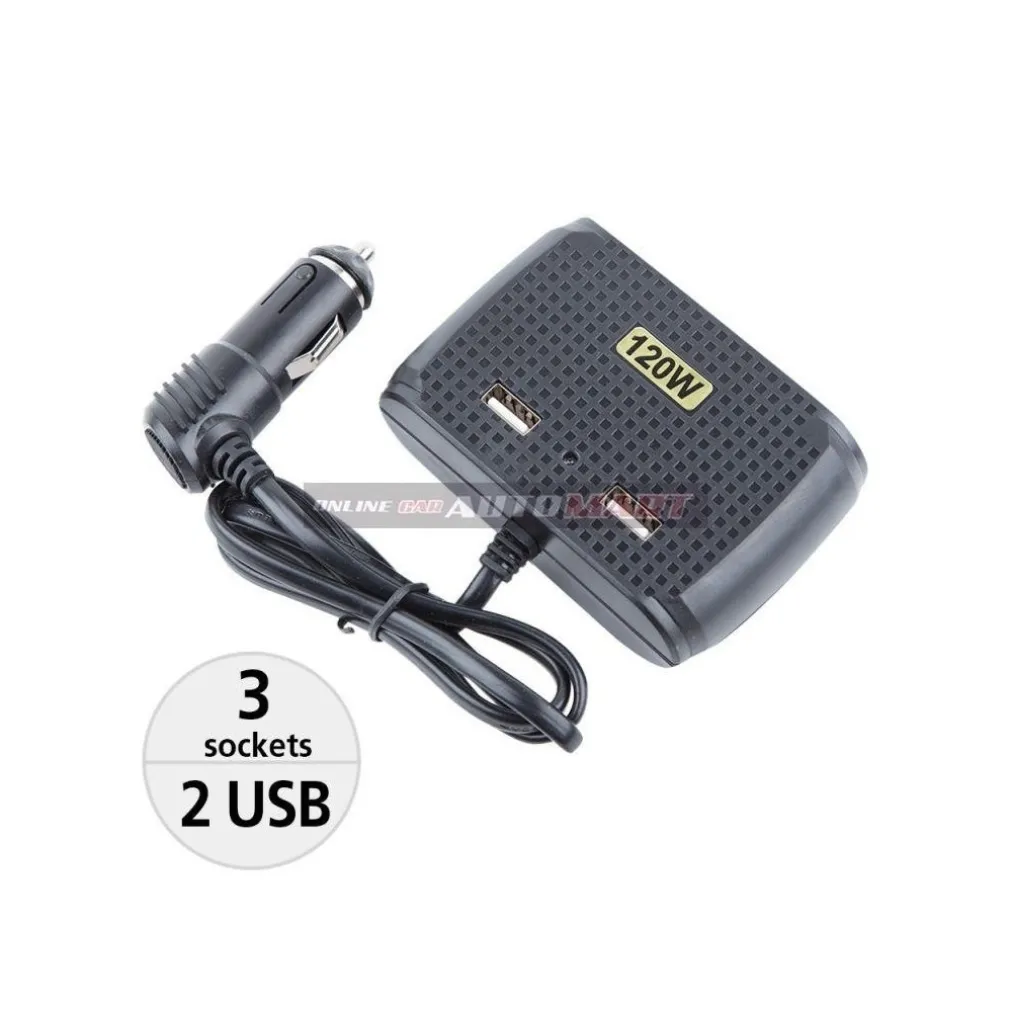 SDOPPIATORE ADATTATORE 3 ACCENDISIGARI TRIPLO + 2 USB 120W AUTO CAMPER BARCA MULTICARICATORE
