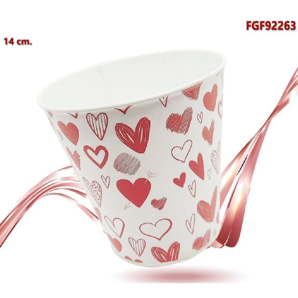 SECCHIELLO DECORATIVO IN LATTA CON CUORI ROSSO BIANCO 14CM SAN VALENTINO 92263