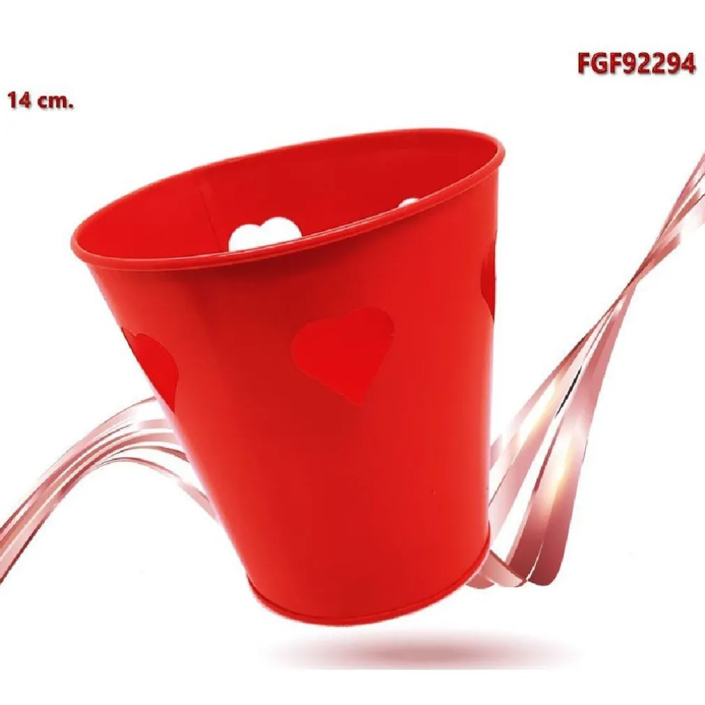 SECCHIELLO DECORATIVO ROSSO IN LATTA 14 CM CUORI IDEA REGALO SAN VALENTINO 92294