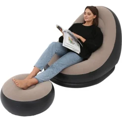 SEDIA GONFIABILE POLTRONA LOUNGE CON SGABELLO PORTATILE PVC FLOCCATO PER CAMPEGGIO