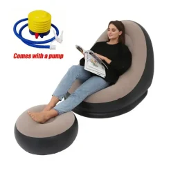 SEDIA GONFIABILE POLTRONA LOUNGE CON SGABELLO PORTATILE PVC FLOCCATO PER CAMPEGGIO