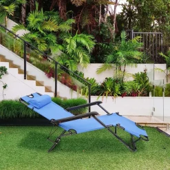 SEDIA SDRAIO LETTINO PIEGHEVOLE RECLINABILE IN METALLO CON POGGIATESTA BLU CHIARO 017056