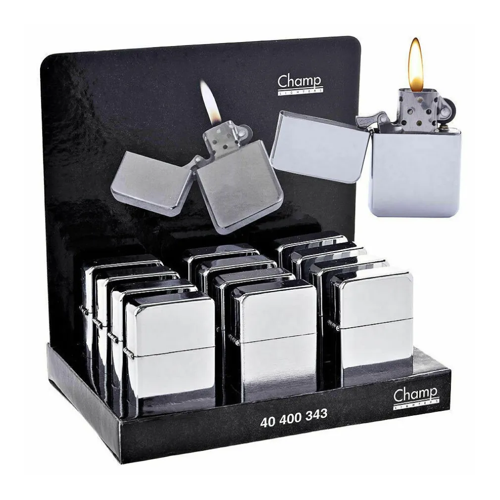 SET 12 ACCENDINO ACCENDINI A BENZINA COLORE EFFETTO CROMATO CON PIETRINA IN BOX