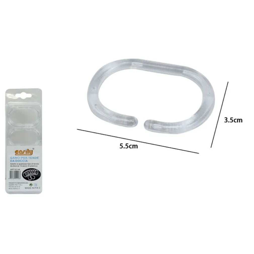 SET 12 ANELLI GANCIO PER TENDA DOCCIA BAGNO TRASPARENTI IN PLASTICA BOX DOCCIA 52148