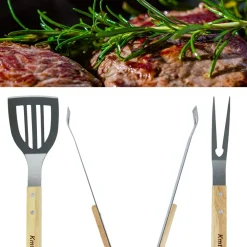 SET 3 ATTREZZI GRIGLIA BARBECUE FORCHETTONE PINZA SPATOLA IN ACCIAIO MANICO LEGNO