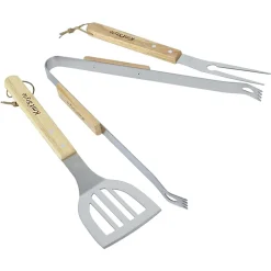SET 3 ATTREZZI GRIGLIA BARBECUE FORCHETTONE PINZA SPATOLA IN ACCIAIO MANICO LEGNO