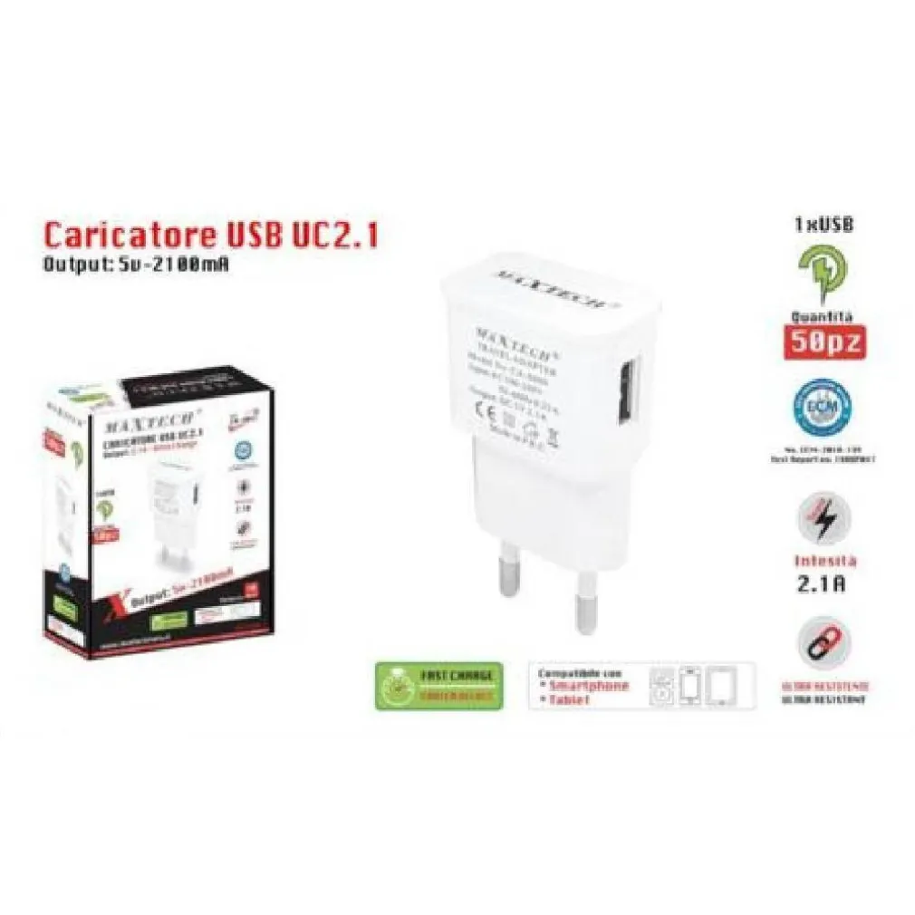 SET 50 CARICATORI 1xUSB COMPATIBILE SMARTPHONE TABLET 5V-2100MA MAXTECH CA-S042