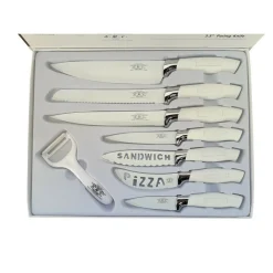 SET 7 COLTELLI DA CUCINA IN ACCIAIO MANICO ANTISCIVOLO PIU PELAPATATE WHITE