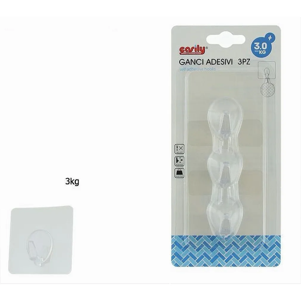 SET 3 GANCI APPENDINO ADESIVI PARETE CUCINA BAGNO ATTACCAPANNI TRASPARENTE 87760