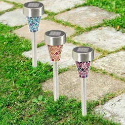 SET 6 LAMPADE MOSAICO DA GIARDINO COLORATE RICARICA SOLARE PALETTI SOLARI 1LED